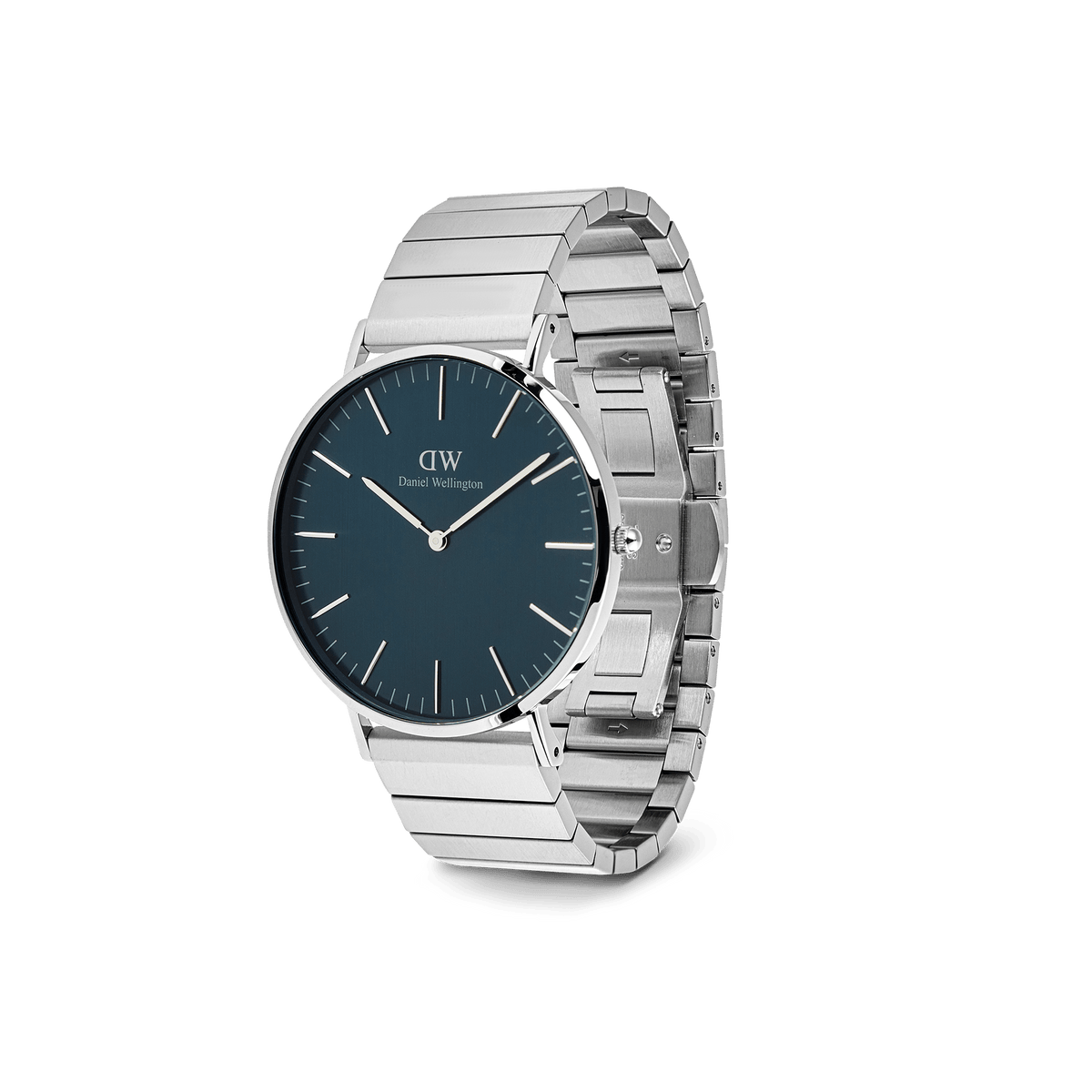 Classic Piano Link Arctic Silver men's watch featuring a brushed arctic blue dial, slim silver case, and a geometric stainless steel piano link strap, shown at an angle to highlight its modern, minimalist design.