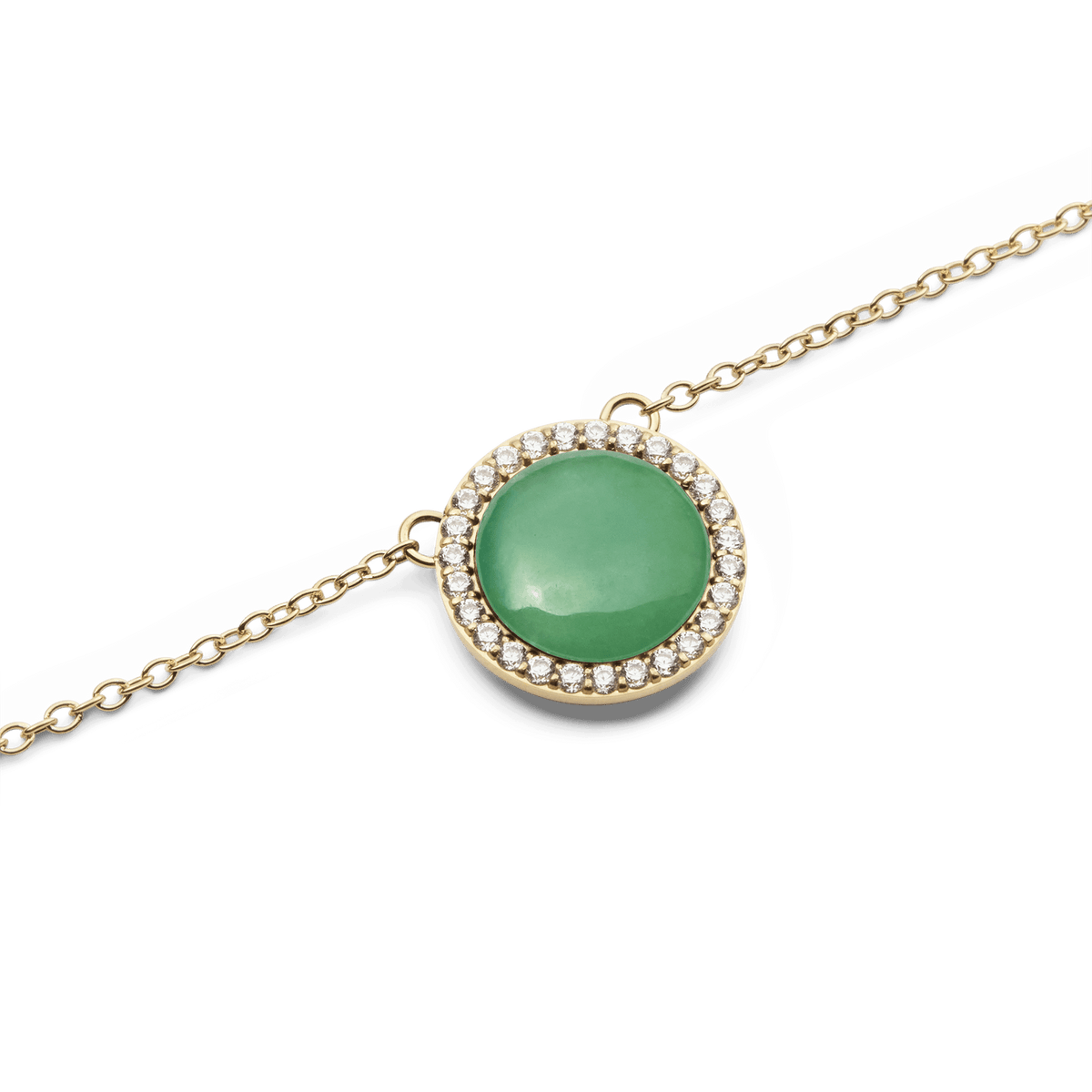 Close-up of the Audrey Necklace Jade Gold pendant, showcasing a domed green jade stone surrounded by a halo of sparkling white cubic zirconia crystals on a fine gold chain.