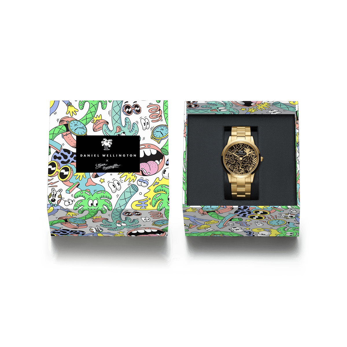 Daniel Wellington Iconic Link Dual Tone Gold watch with Steven Harrington’s gold illustrations on the dial, presented in a colourful limited edition gift box featuring playful artwork.