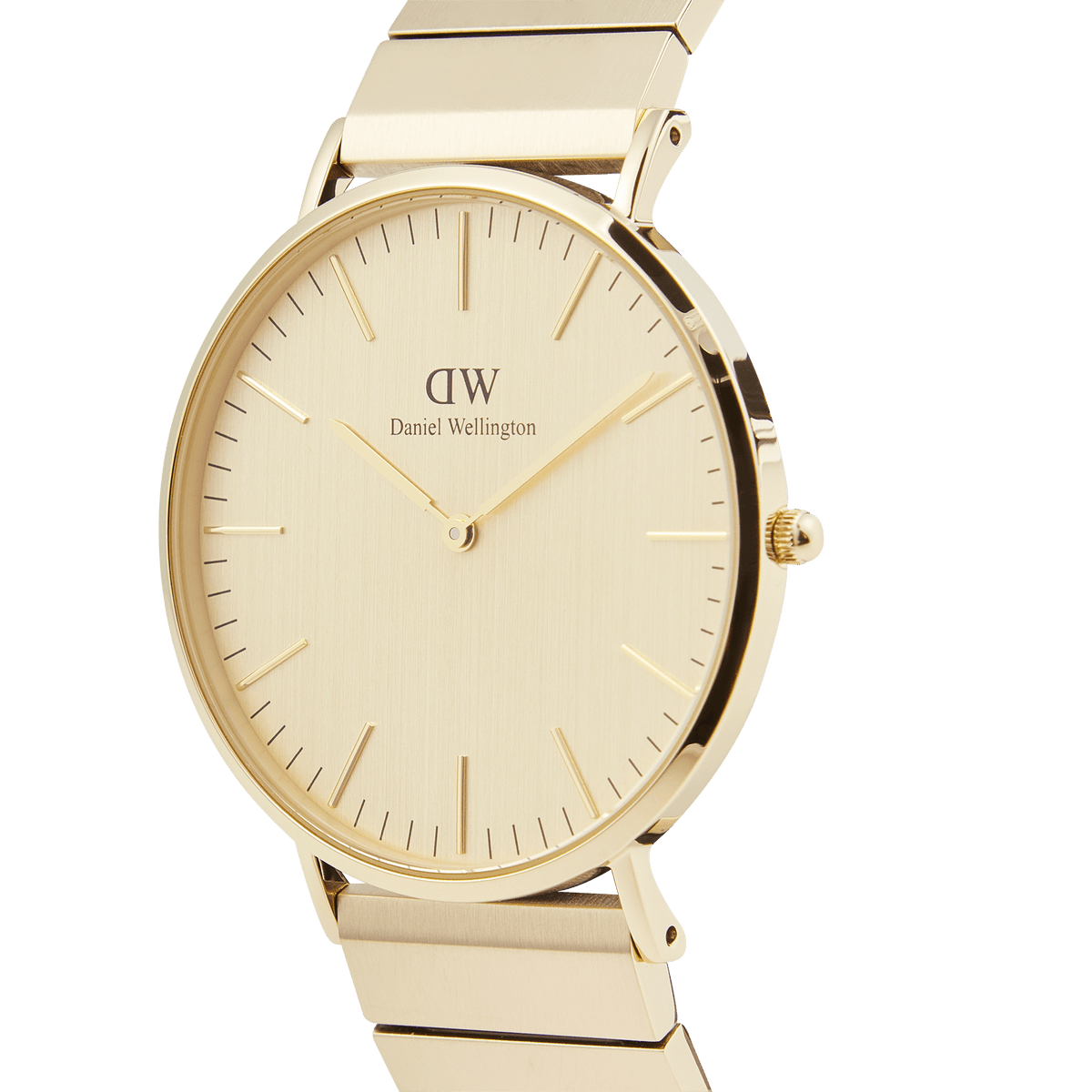 Classic Piano Link Gold Unitone watch with a brushed gold 40mm dial, minimalist hour markers, and a geometric piano link bracelet, shown from a side angle to highlight its slim profile and polished finish.