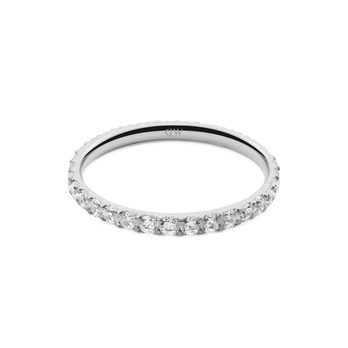 Elegant Mirelle Eternity Ring Silver 2 mm featuring a slim silver band set with sparkling white cubic zirconia crystals, ideal for stacking or wearing alone.