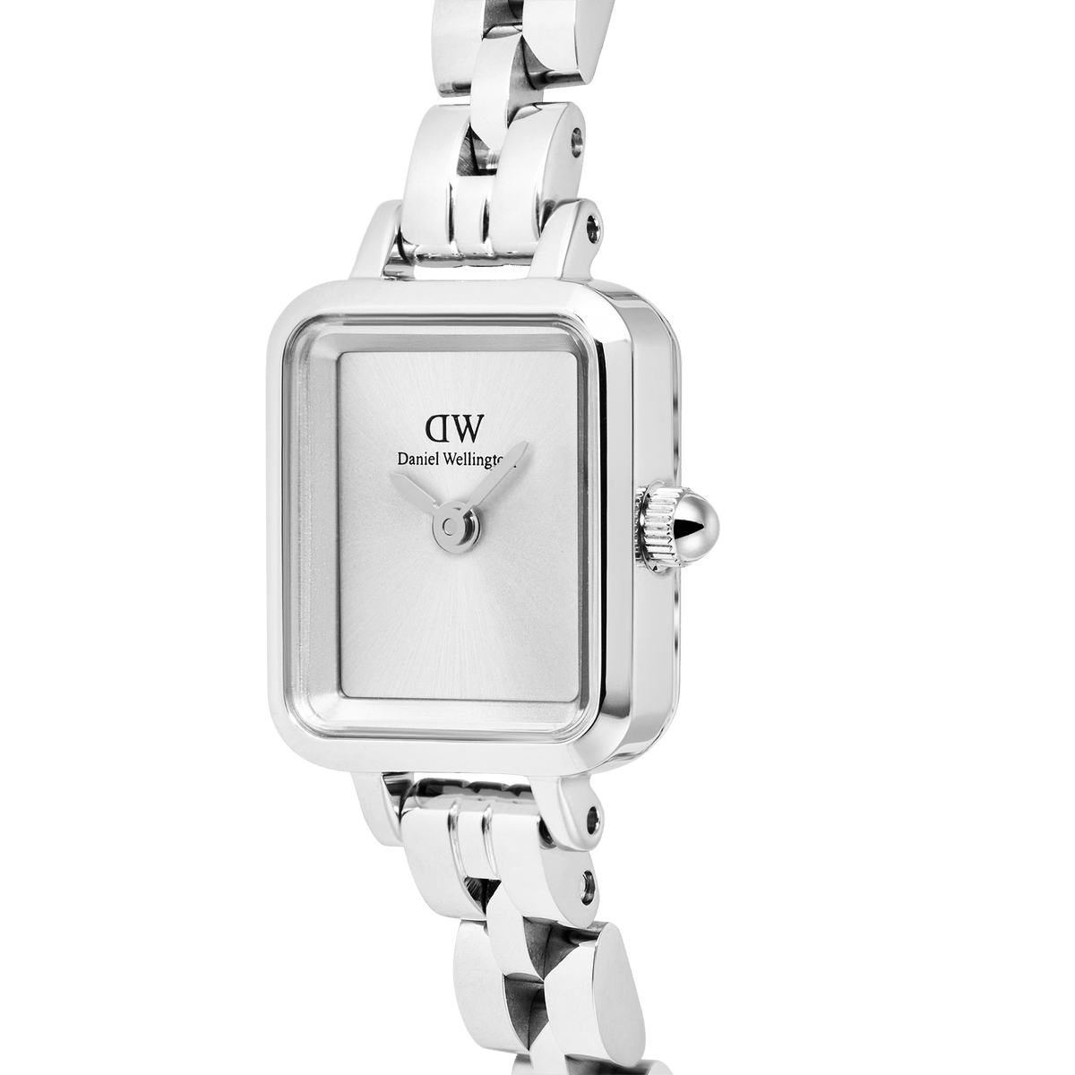 Close-up of the Quadro Mini Arch 3-link White Sunray Silver ladies watch, highlighting its rectangular stainless steel case, minimalist white sunray dial, and polished silver 3-link bracelet.