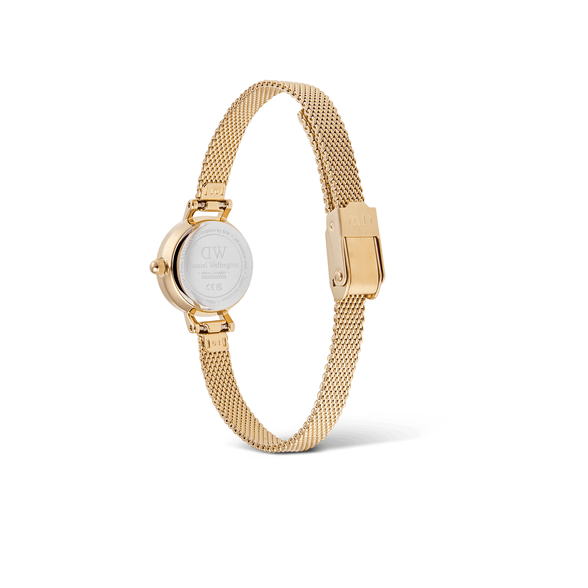 Petite Mini Evergold gold mesh band watch shown from the back, highlighting the stainless steel case, PVD gold plating, and adjustable safety clasp designed for small wrists.