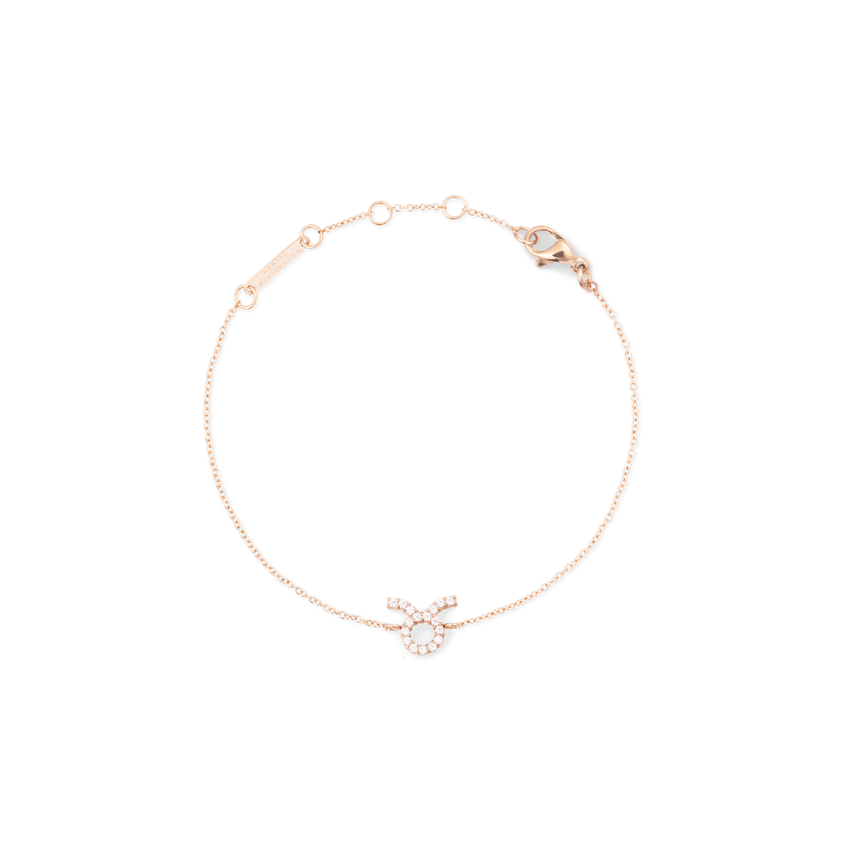 Crystal Zodiac Chain Bracelet Rose Gold featuring a delicate rose gold chain with an adjustable clasp and a sparkling Taurus zodiac pendant set with crystals.