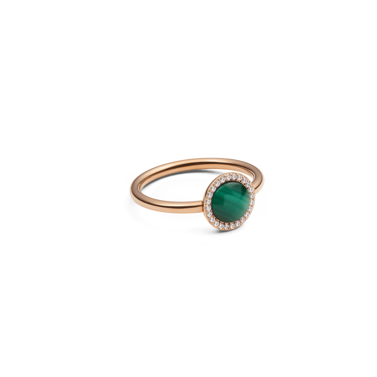 Audrey Ring Malachite Rose Gold with a slim rose gold band, featuring a domed green malachite centre and a sparkling halo of white cubic zirconia for a refined, modern look.