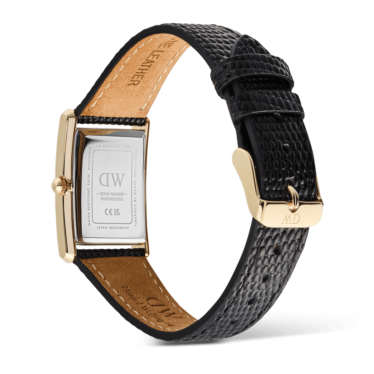 Rear view of the Bound Black Lizard Guilloché Gold watch showing the engraved stainless steel case back, gold-toned pin buckle, and textured black lizard grain leather strap with tan lining, highlighting the quality craftsmanship and adjustable fit.