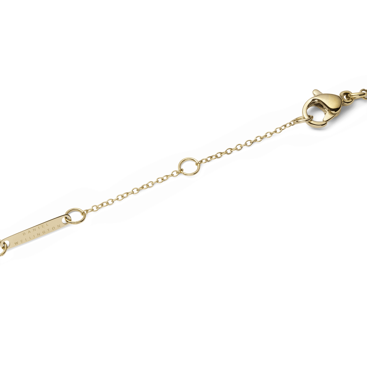 Detail of the Audrey Necklace Tiger Eye Gold chain showing the adjustable length loops, lobster clasp, and a gold bar engraved with Daniel Wellington branding.