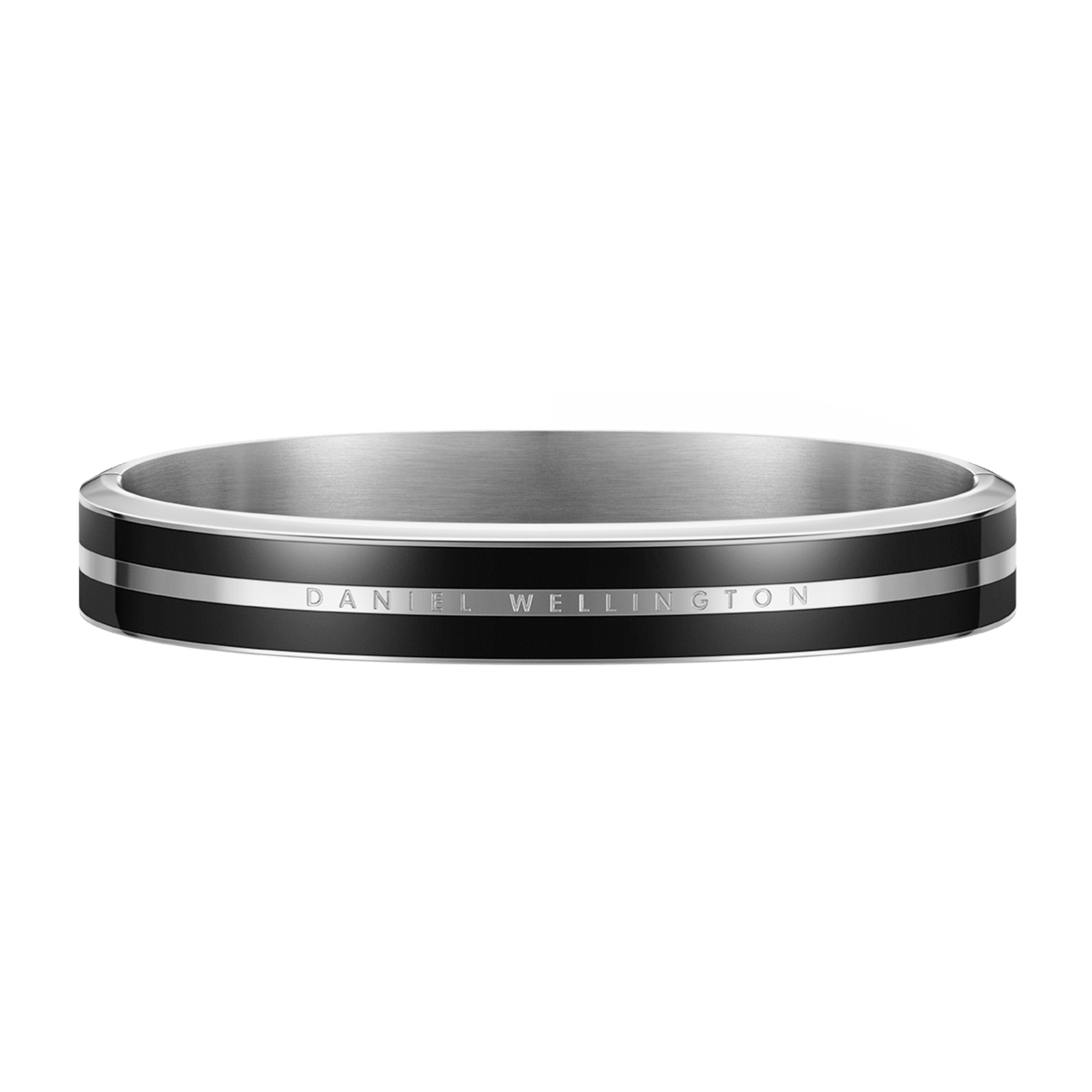 Emalie Infinite Silver Black bracelet with a polished stainless steel bangle and deep black enamel ribbon, featuring engraved detailing for a modern, minimalist look.