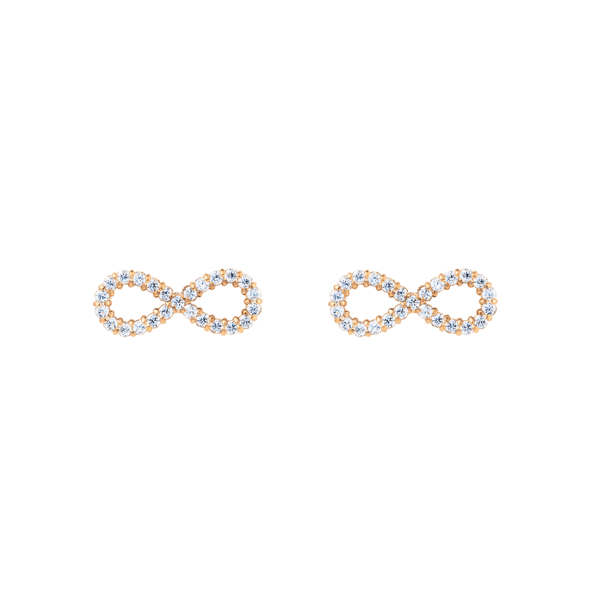 Petite infinity-shaped stud earrings in rose gold, each set with sparkling white cubic zirconia crystals for a refined and elegant look.