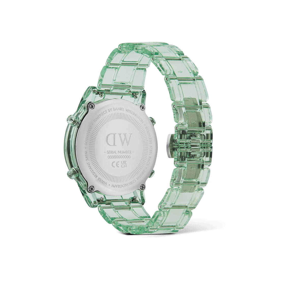 Back view of the Daniel Wellington Retro Digital Light Green Light Green watch, showing the transparent light green link bracelet, stainless steel case back, and safety lock butterfly buckle.