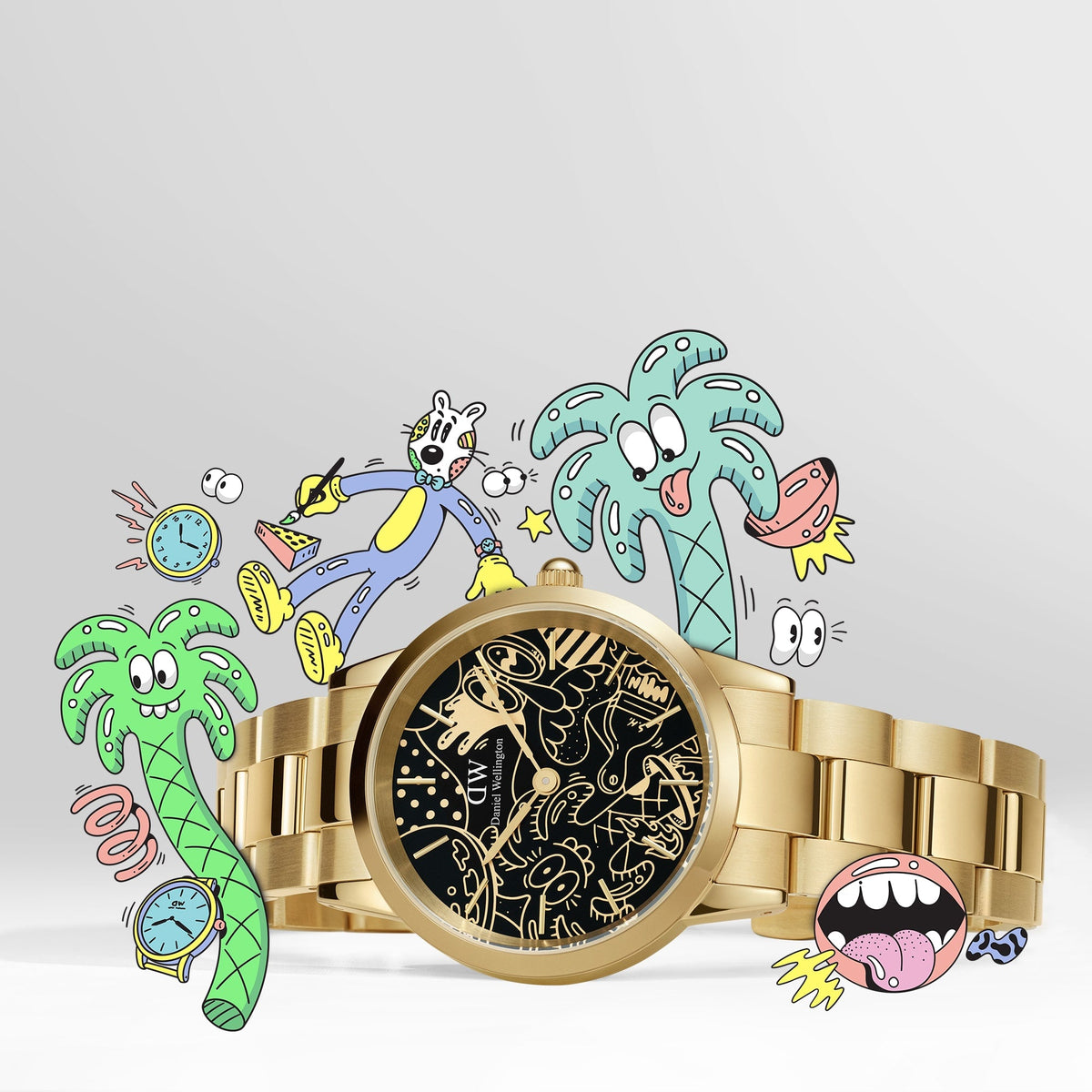 Steven Harrington x Daniel Wellington Iconic Link Dual Tone gold watch with a black dial featuring signature artistic linework, displayed alongside playful cartoon illustrations that highlight the creative collaboration and modern design.