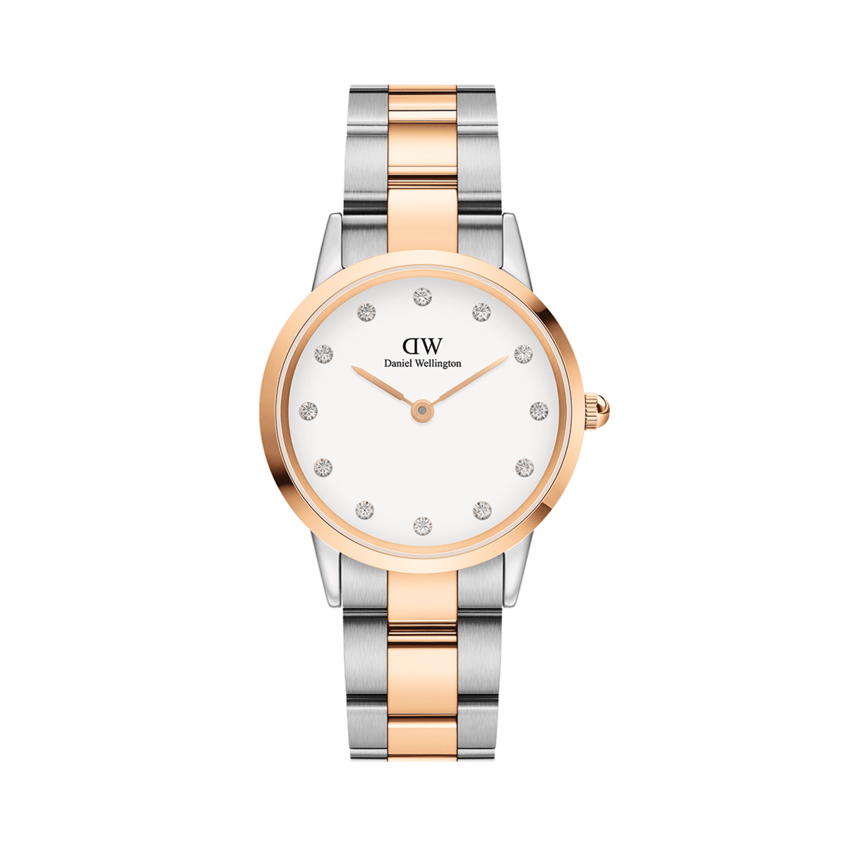 Iconic Link Lumine Rose Gold ladies watch featuring a two-tone stainless steel and rose gold bracelet, eggshell white dial with crystal hour markers, and a slim, elegant profile suitable for everyday wear.