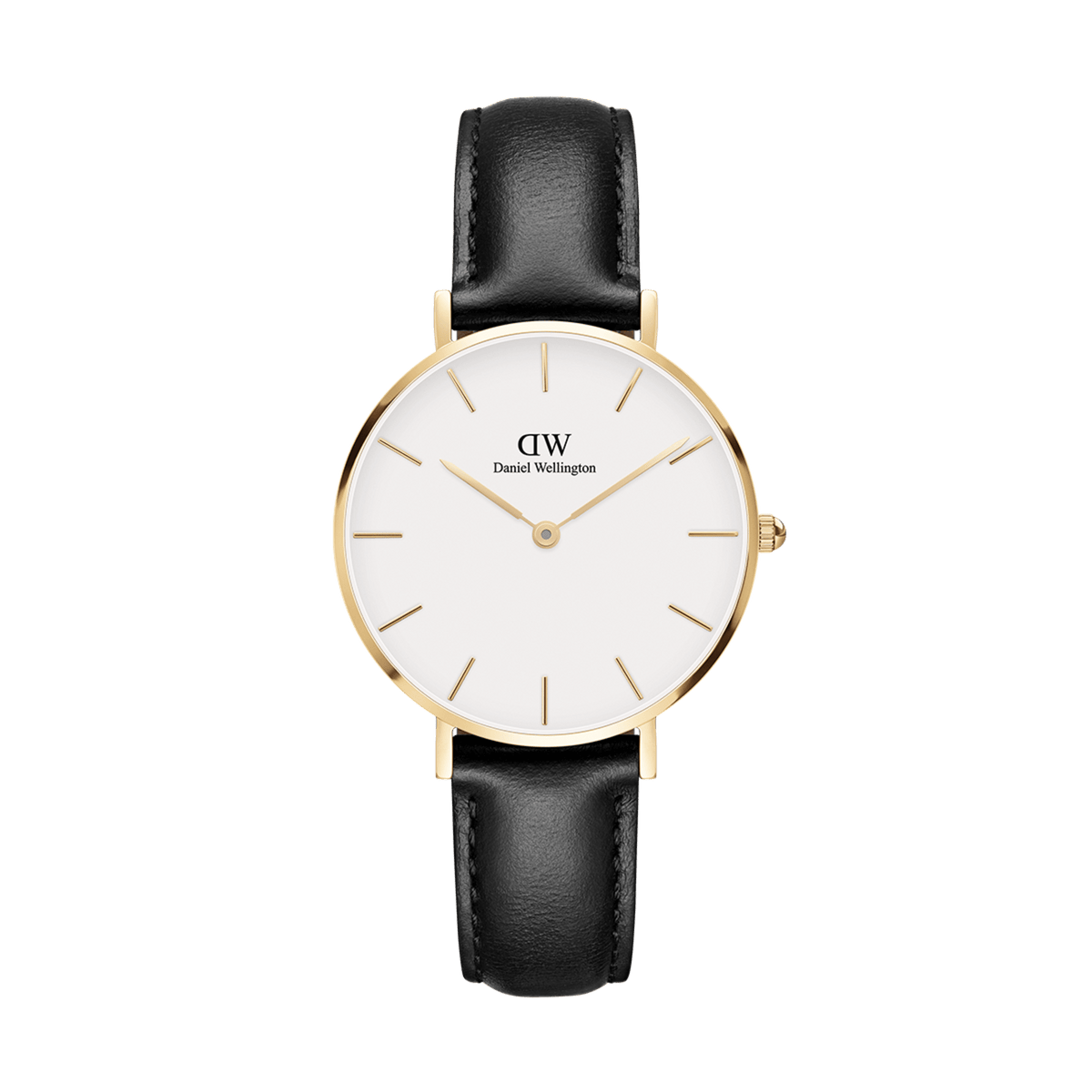 Petite Sheffield Gold ladies watch featuring a slim gold-plated case, minimalist eggshell white dial, and a genuine black leather strap, designed for everyday elegance and comfortable wear.