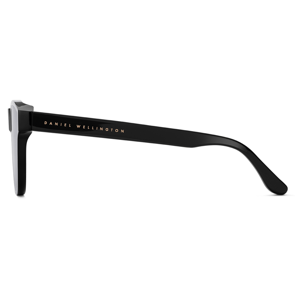 Side view of Ambler Bio-Acetate Black sunglasses showing the slim, all-black Italian bio-acetate frame with the Daniel Wellington logo in gold on the arm.