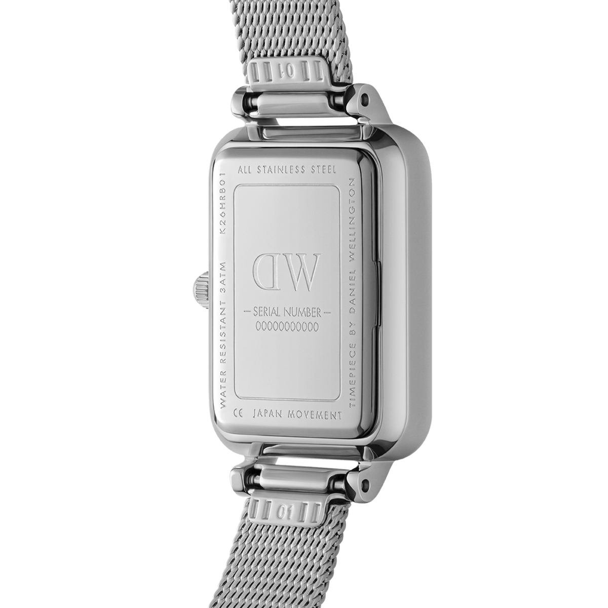 Back view of the Quadro Lumine Bezel Sterling Black MOP ladies watch, showing the stainless steel case, engraved details, and adjustable silver mesh strap.