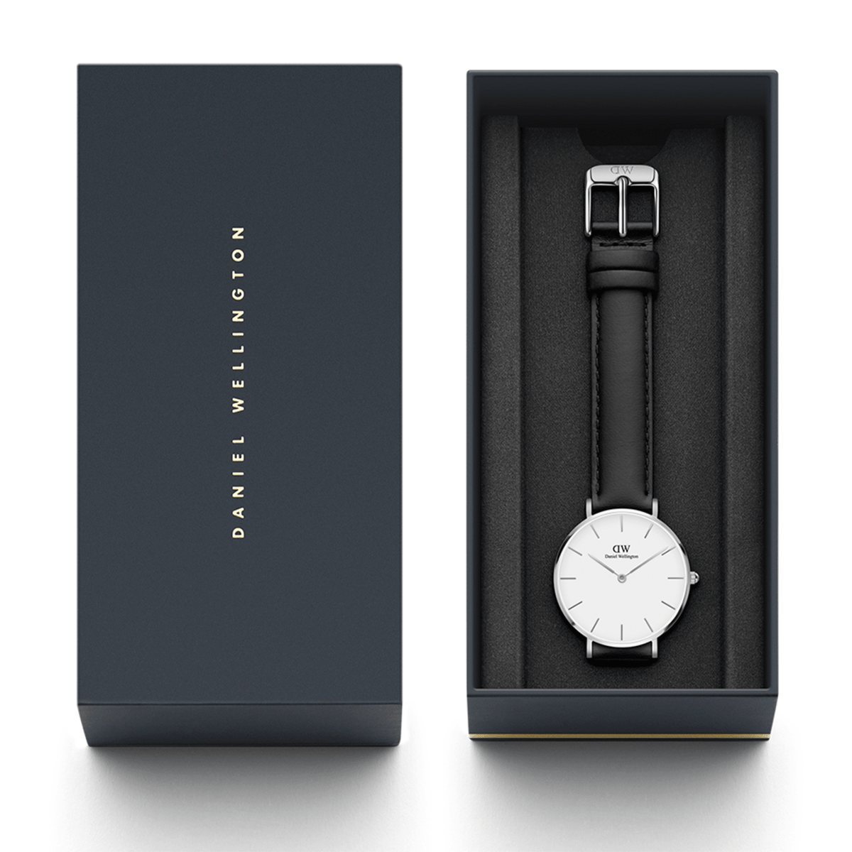Petite Sheffield Silver ladies watch with a black leather strap and minimalist white dial, elegantly presented in a branded Daniel Wellington gift box.
