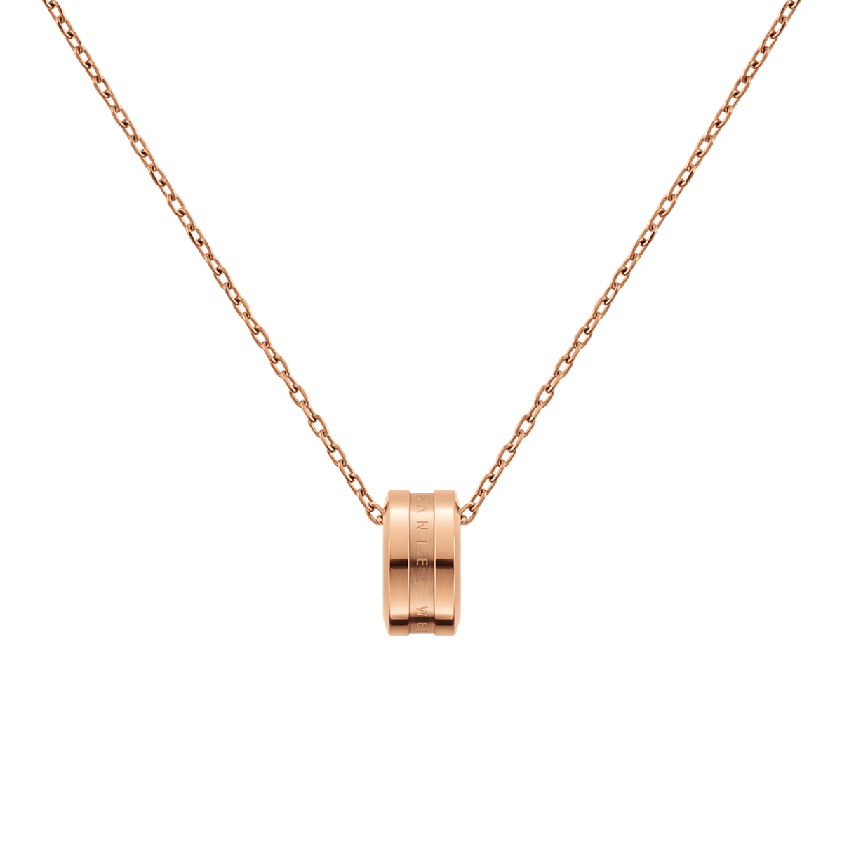 Elan Necklace Rose Gold featuring a polished rose gold ring pendant on a fine adjustable chain, crafted from stainless steel for a modern and elegant finish.