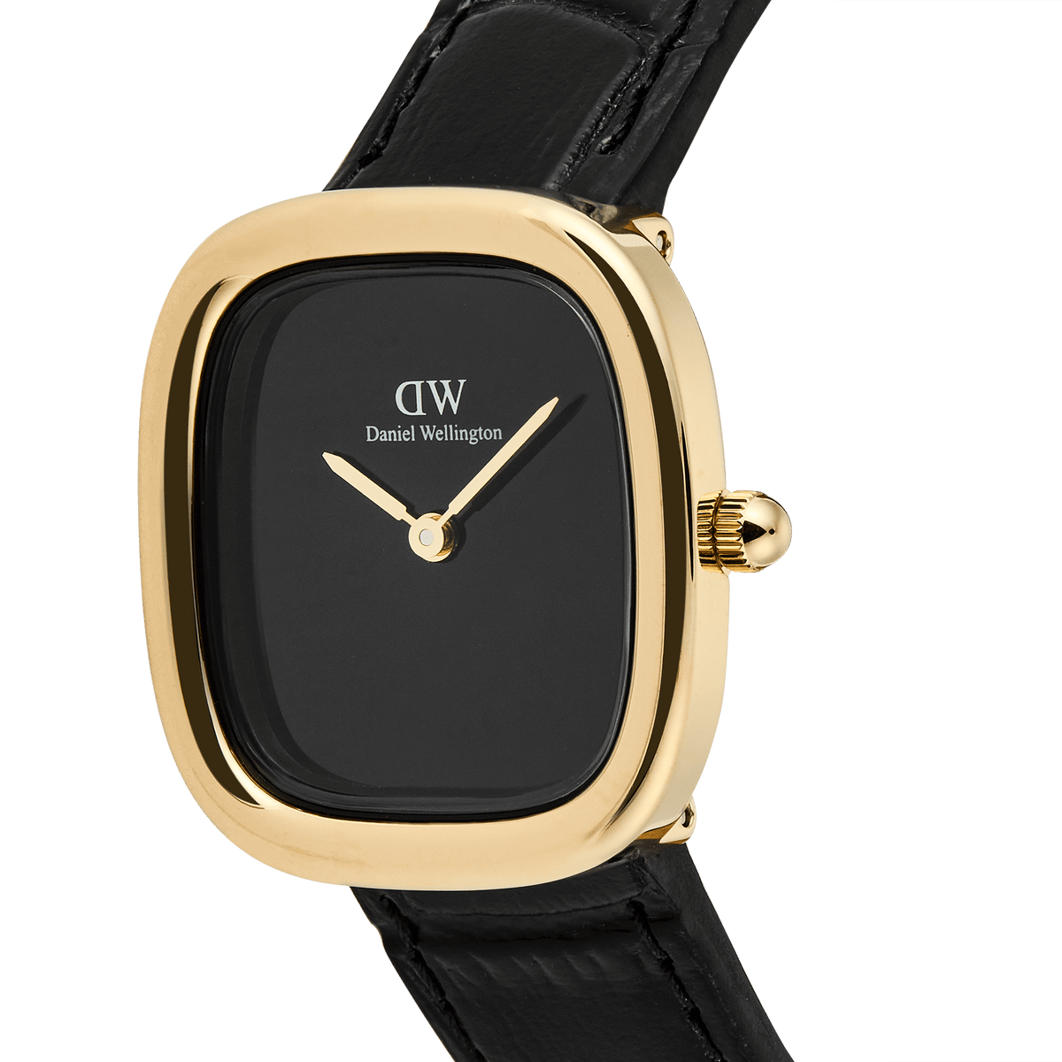 Margot Reading Onyx Ceramic Gold ladies watch with a polished gold-tone rectangular case, minimalist black ceramic dial, and black croco-embossed leather strap, highlighting its slim and elegant profile.