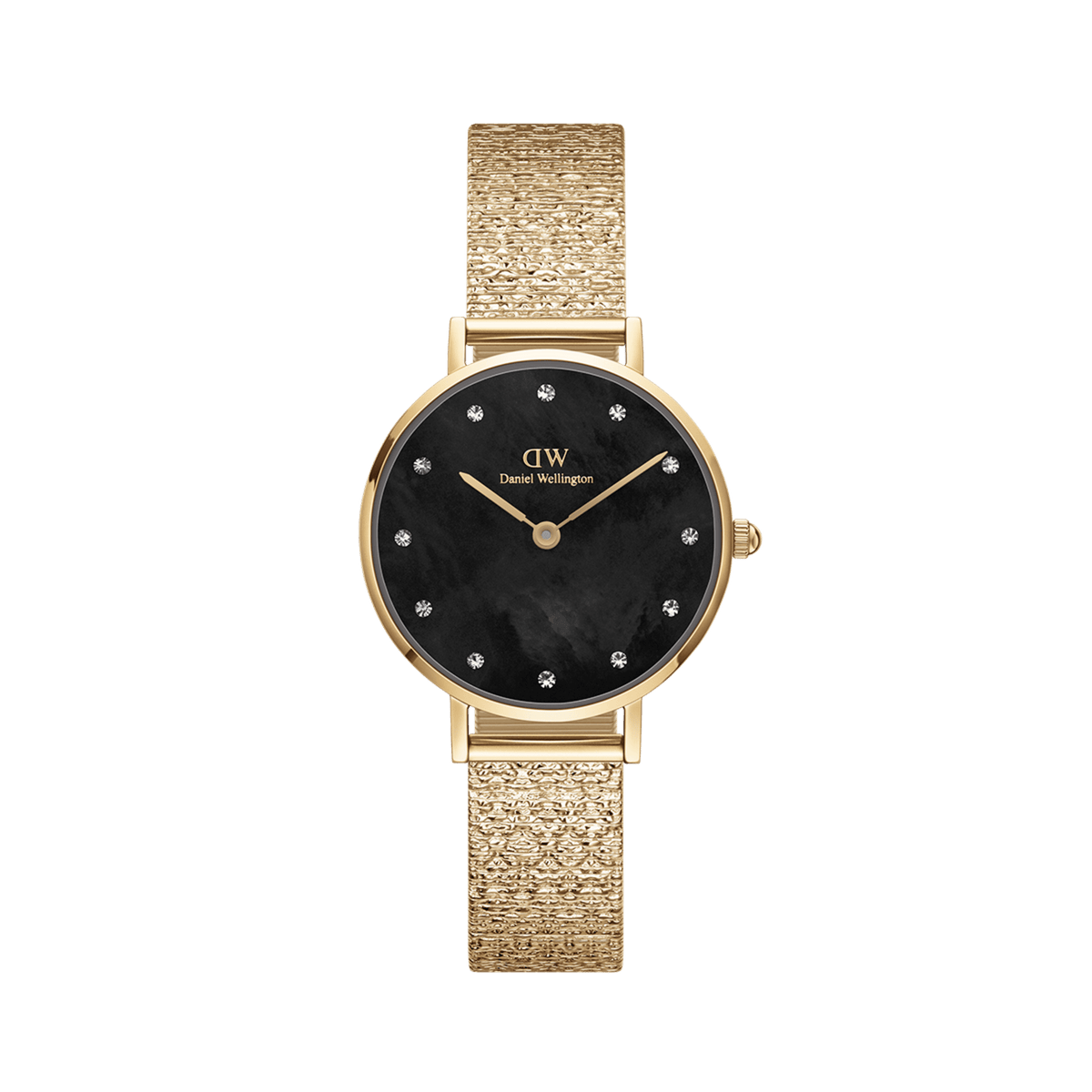 Petite Lumine Pressed Piano Black MoP Gold watch featuring a 28mm gold case, black mother of pearl dial with crystal hour markers, and a textured gold mesh strap.