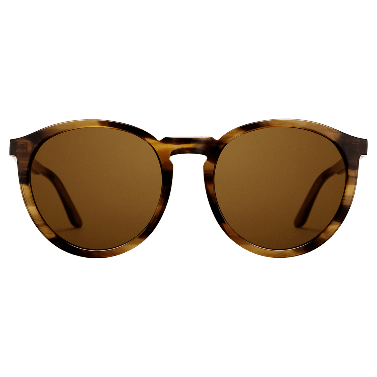 Bio-Acetate Arch Brown Demi sunglasses with a round brown demi frame and amber coloured lenses, featuring lightweight bio-acetate construction and subtle Daniel Wellington branding on the temples.