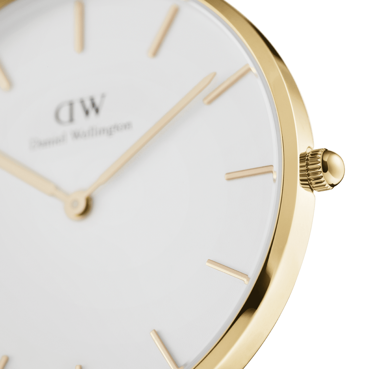 Close-up of the Daniel Wellington Petite Evergold watch showing the gold-plated case, minimalist eggshell white dial, and slim gold hour markers for a refined, elegant finish.