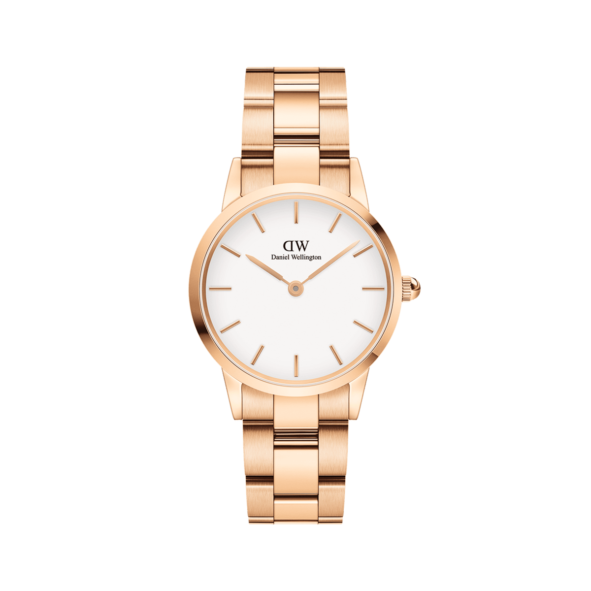 Rose gold Daniel Wellington Iconic Link watch with a polished three-link stainless steel bracelet and a minimalist eggshell white dial, featuring slim hour markers and a secure clasp.