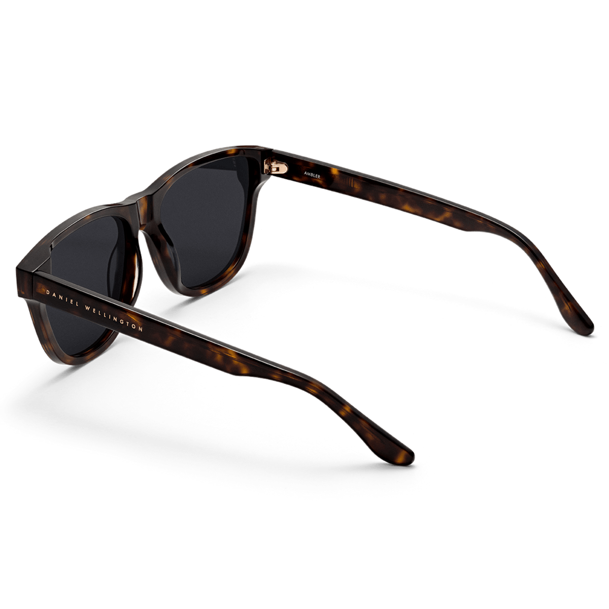 Ambler Bio-Acetate Dark Havana sunglasses shown from a rear angle, highlighting the dark tortoiseshell frame, rectangular shape, and Daniel Wellington branding on the arm.