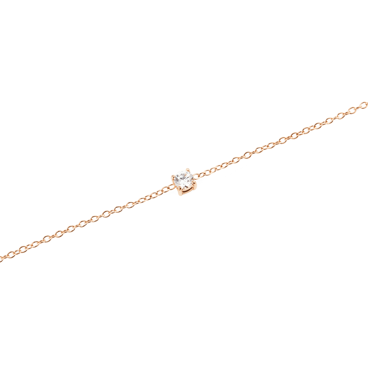 Close-up of the Mirelle Solitaire Bracelet Rose Gold, highlighting the slim rose gold chain and the single white cubic zirconia crystal in a minimal setting.
