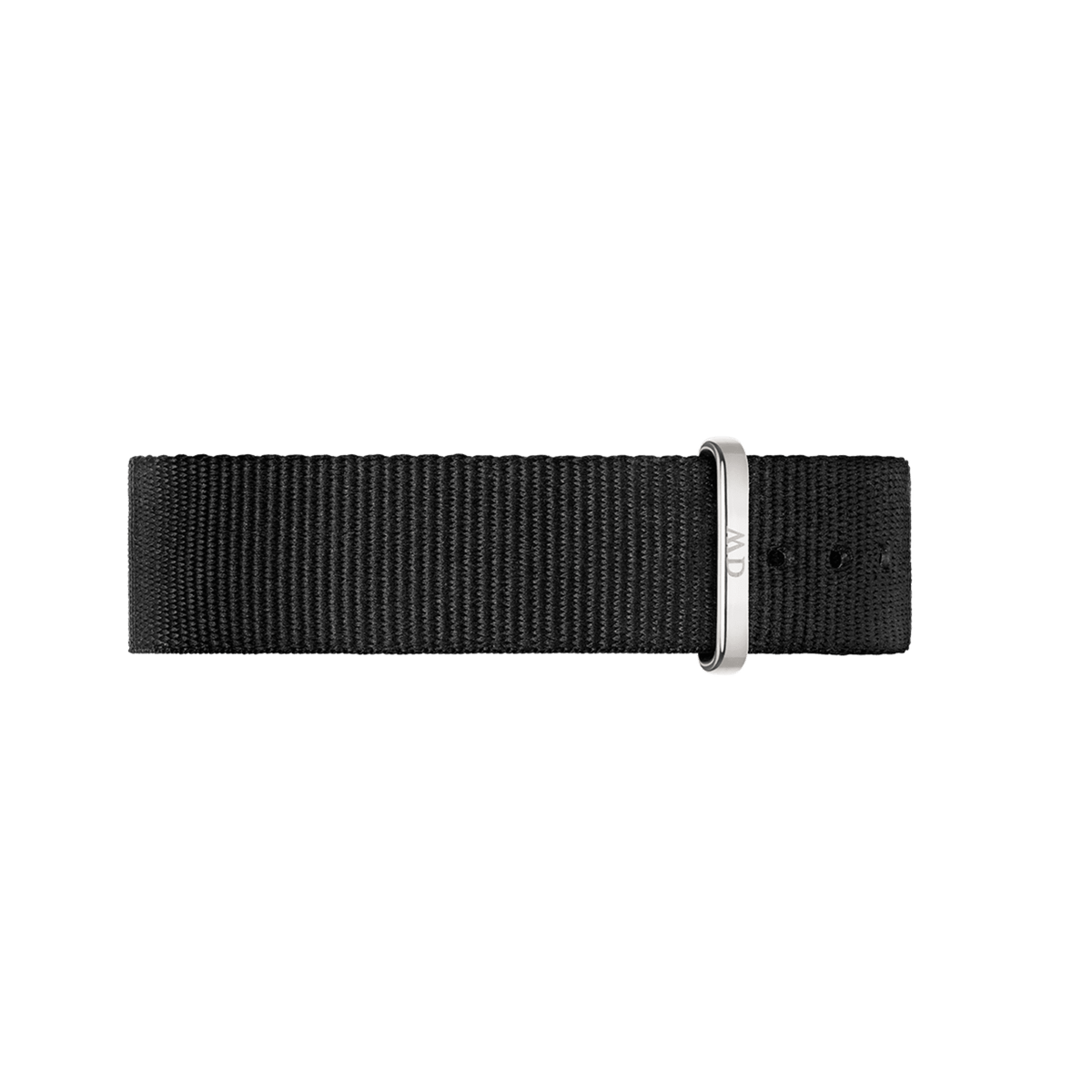 Black NATO strap for the Classic Cornwall Black Silver watch, featuring durable woven polyester and a polished silver buckle for easy adjustment and comfort.