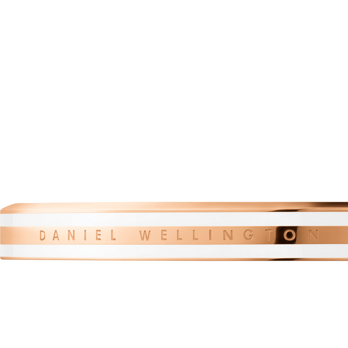 Close-up of the Emalie Slim Bracelet Rose Gold showing the engraved Daniel Wellington logo, sleek rose gold finish, and satin white enamel detailing for a refined minimalist look.