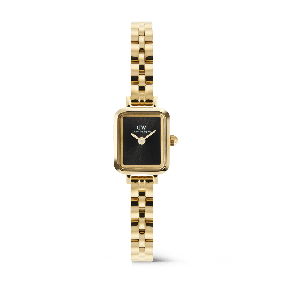 Quadro Mini Arch 3-link Onyx Sunray Gold ladies watch featuring a petite rectangular case, sleek black dial, and polished gold PVD-plated stainless steel bracelet with a butterfly clasp.