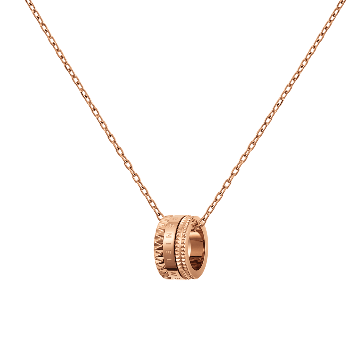 Rose gold Elevation Necklace with a geometric ring pendant featuring intricate detailing and a polished finish, suspended on a fine cable chain.
