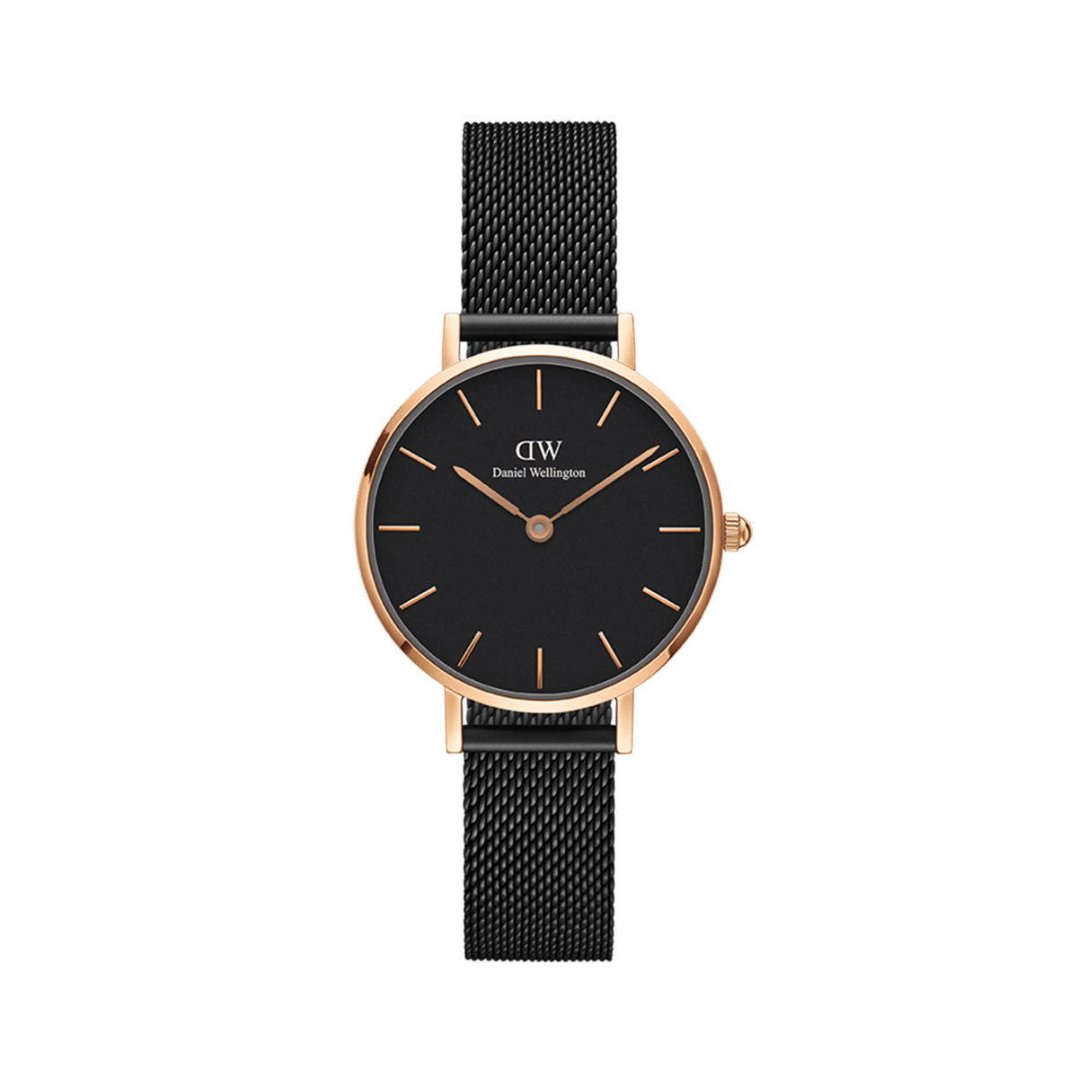 Petite Ashfield Rose Gold ladies watch with a classic black dial, rose gold case, and slim black mesh strap, ideal for daily wear and versatile styling.