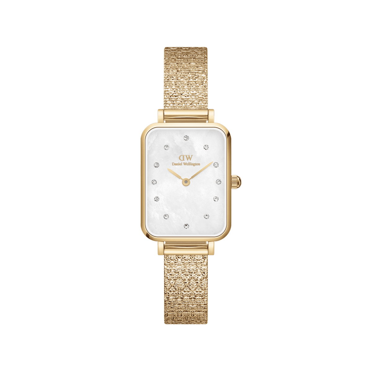 Quadro Lumine Pressed Piano White MoP Gold ladies watch featuring a rectangular gold case, real mother of pearl dial with crystal indexes, and a textured gold piano link bracelet.