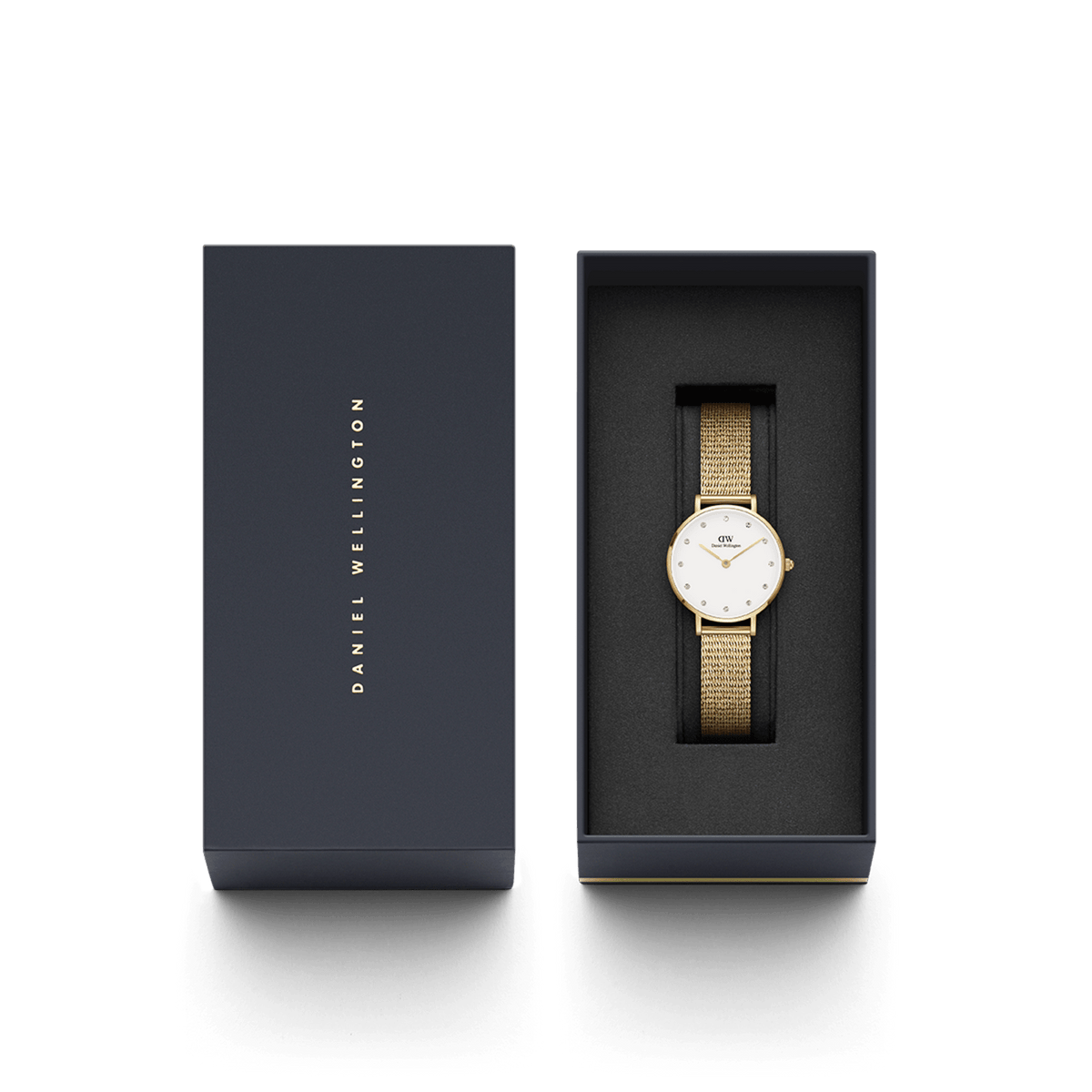 Petite Lumine Pressed Evergold gold mesh strap watch with an eggshell white dial and crystal markers, elegantly presented in a black Daniel Wellington gift box.