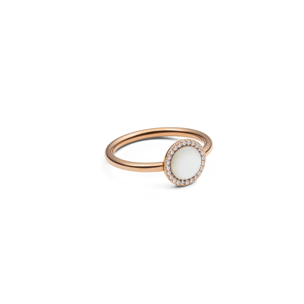 Audrey Ring Mother of Pearl Rose Gold with a polished rose gold band, featuring a domed mother of pearl centre and a sparkling halo of white cubic zirconia.