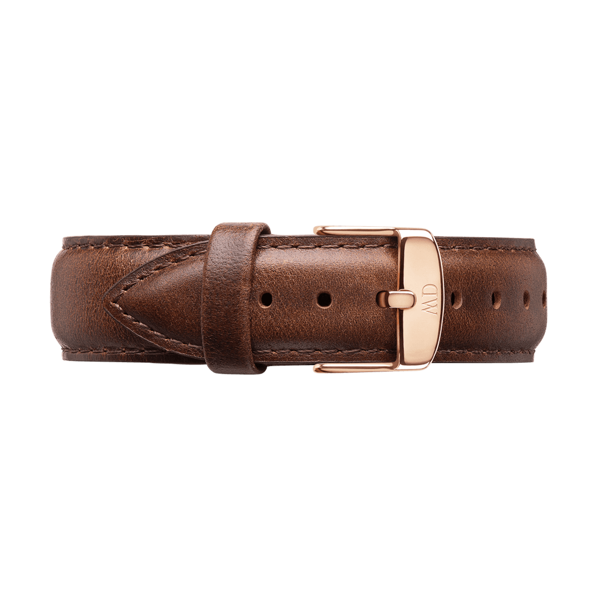 Brown leather watch strap with visible stitching and a rose gold buckle, designed for a secure and comfortable fit on a range of watch sizes.
