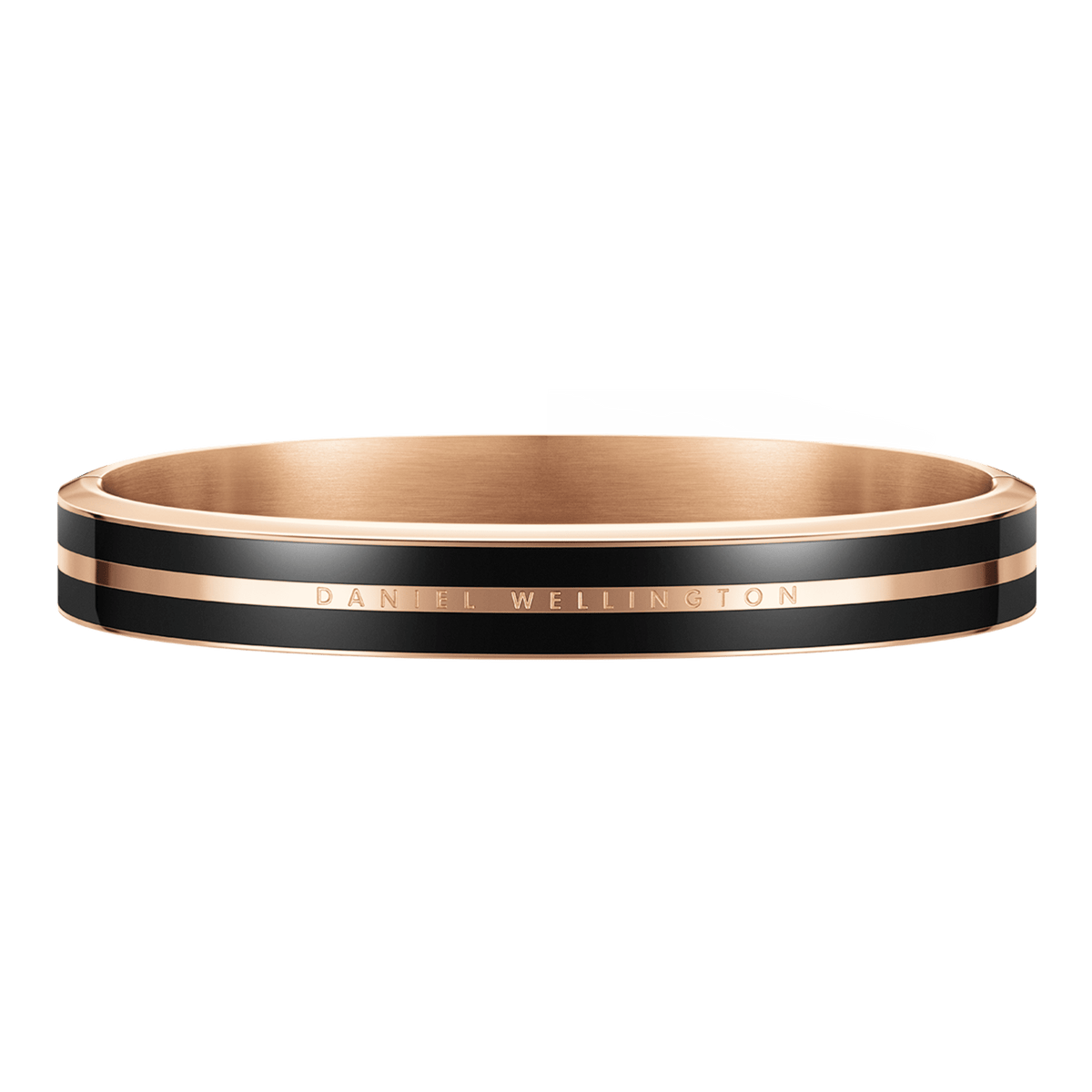Emalie Infinite Rose Gold Black bracelet with a contemporary rose gold and black enamel bangle design, featuring engraved branding and a smooth, polished finish.