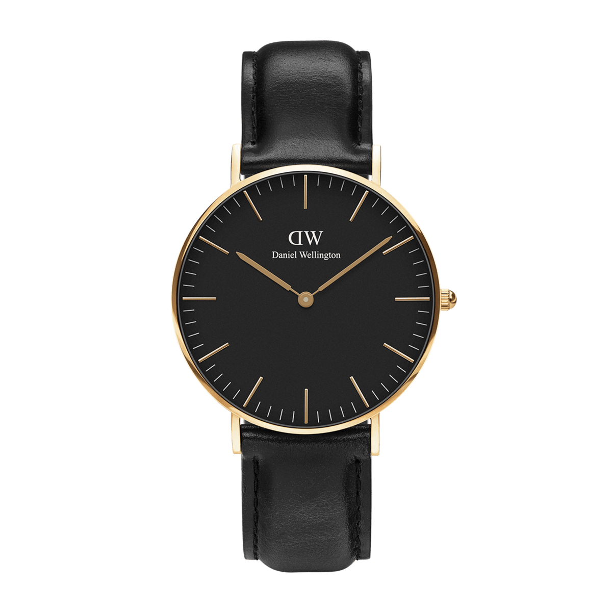 Classic Sheffield Gold watch with a black dial, gold-plated case, slim gold hour markers, and a smooth black leather strap, combining minimalist style with a refined finish.