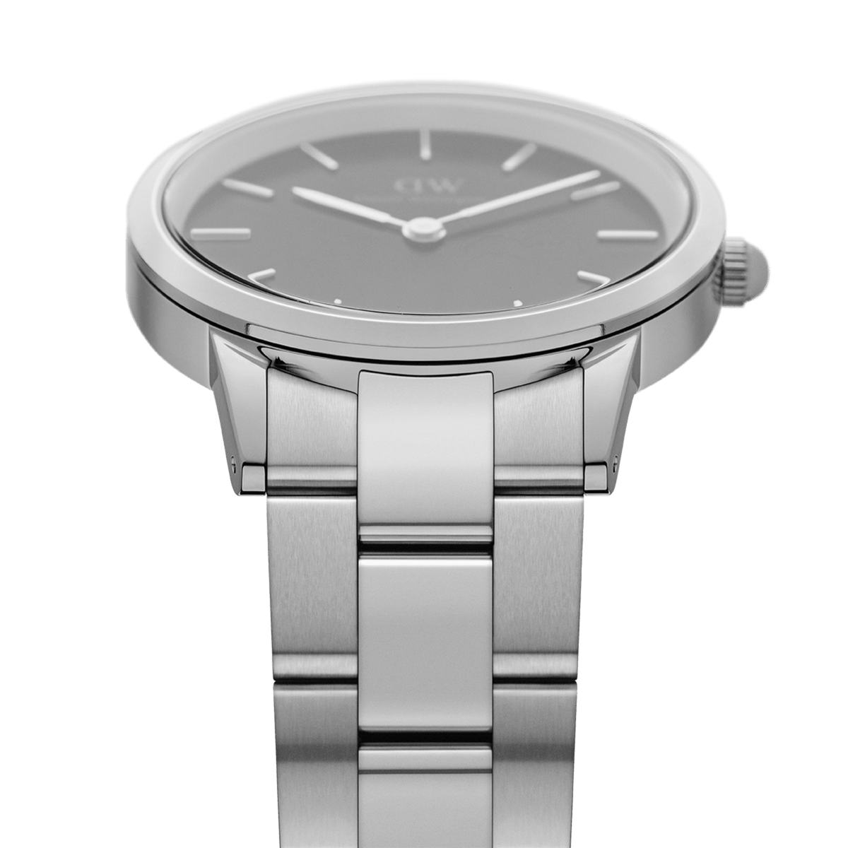 Daniel Wellington Iconic Link watch showcasing its brushed stainless steel link bracelet and sleek black dial from a side angle, highlighting the modern minimalist design.