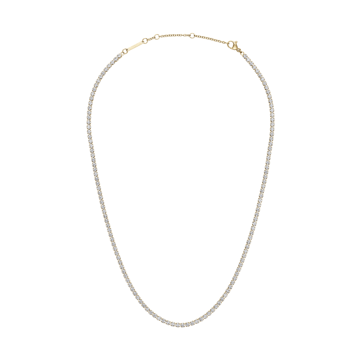 Classic Tennis Necklace Gold featuring a delicate gold chain with individually set sparkling crystals, shown with an adjustable clasp for versatile styling.