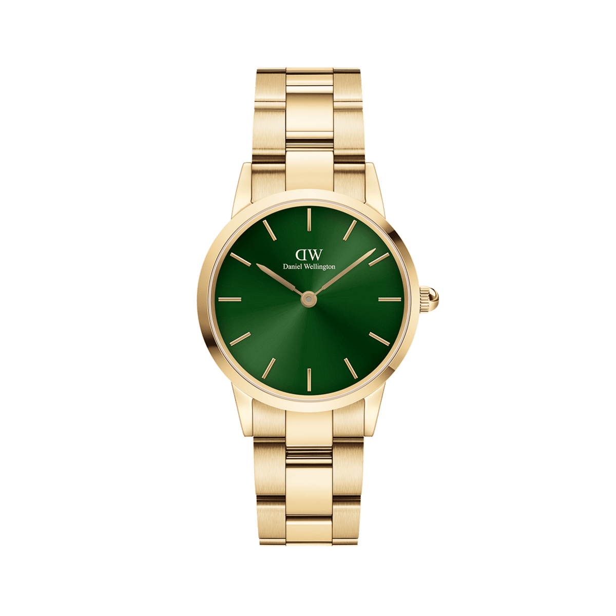 Iconic Link Emerald Gold watch with a brushed gold stainless steel bracelet and a vibrant emerald green dial, featuring minimalist gold hour markers and a secure clasp for everyday elegance.