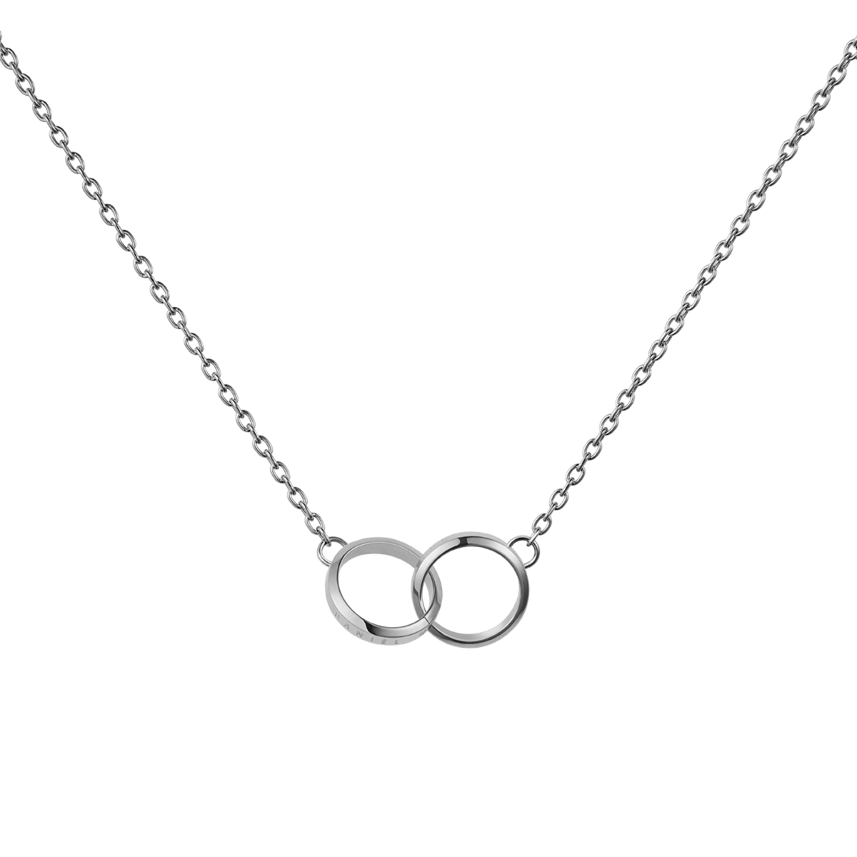 Silver chain necklace featuring two interlocked polished rings as a pendant, showcasing a minimalist and elegant design suitable for both casual and formal wear.