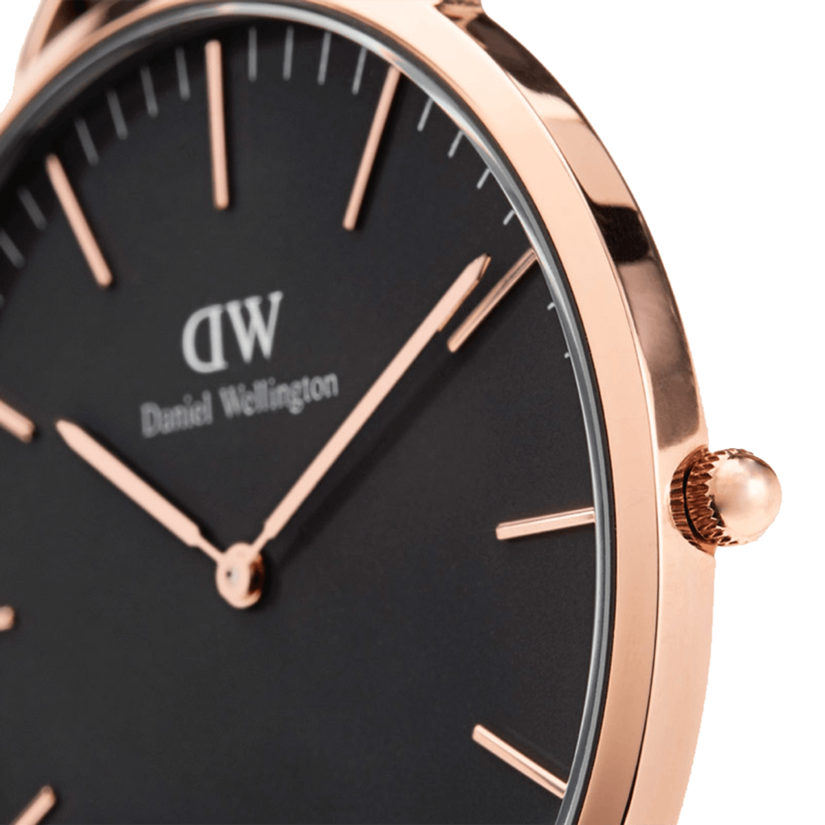 Side angle close-up of the Classic Sheffield Black Rose Gold watch, showcasing the polished rose gold case, black dial, minimalist markers, and the crown detail.