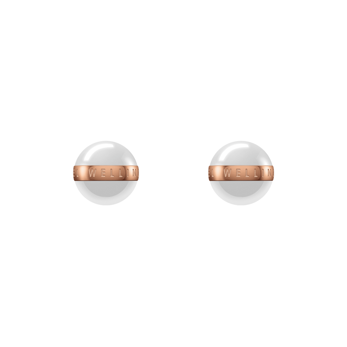 Aspiration Earrings Rose Gold Satin White featuring smooth satin white ceramic spheres with a rose gold plated band engraved with branding, shown as a pair of minimalist stud earrings suitable for everyday wear.