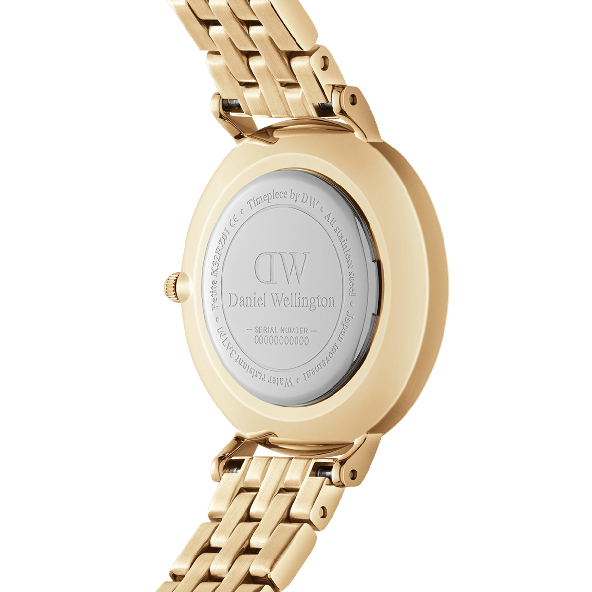 Back view of the Petite 5-Link Evergold ladies watch showing the engraved stainless steel caseback, gold PVD-plated 5-link bracelet, and secure clasp, highlighting the quality craftsmanship and attention to detail.