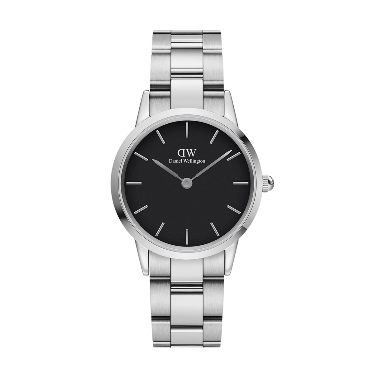 Daniel Wellington Iconic Link watch with a silver stainless steel adjustable bracelet and a minimalist black dial, designed for versatile everyday wear.