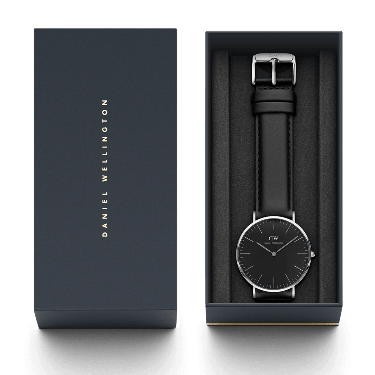 Classic Sheffield Black Silver watch presented in a Daniel Wellington branded gift box, featuring a minimalist black dial, polished silver case, and genuine black leather strap, ideal for gifting or special occasions.