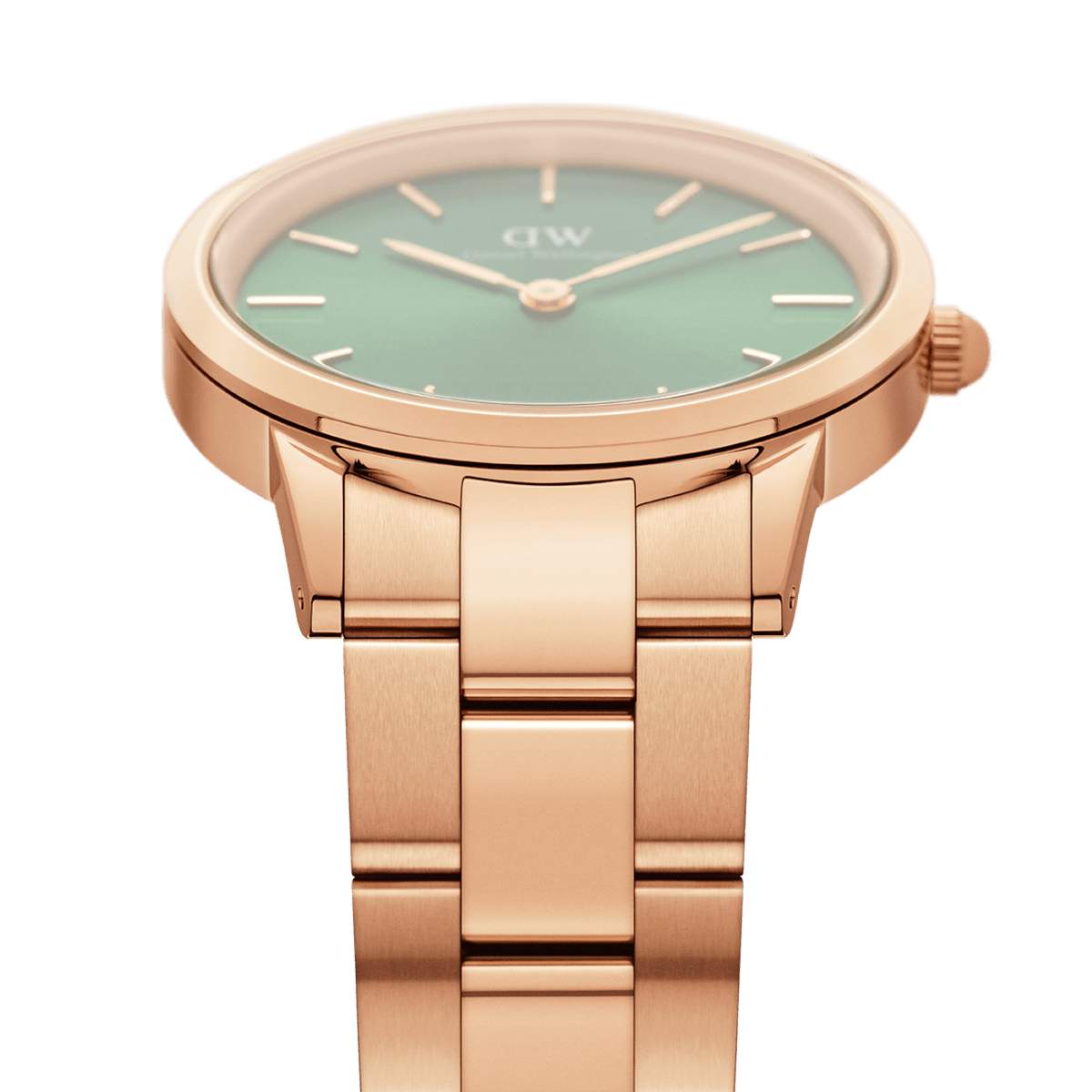 Close-up of the Iconic Link Emerald Green Rose Gold watch, highlighting the polished rose gold stainless steel bracelet and the vibrant emerald green dial with minimalist hour markers.