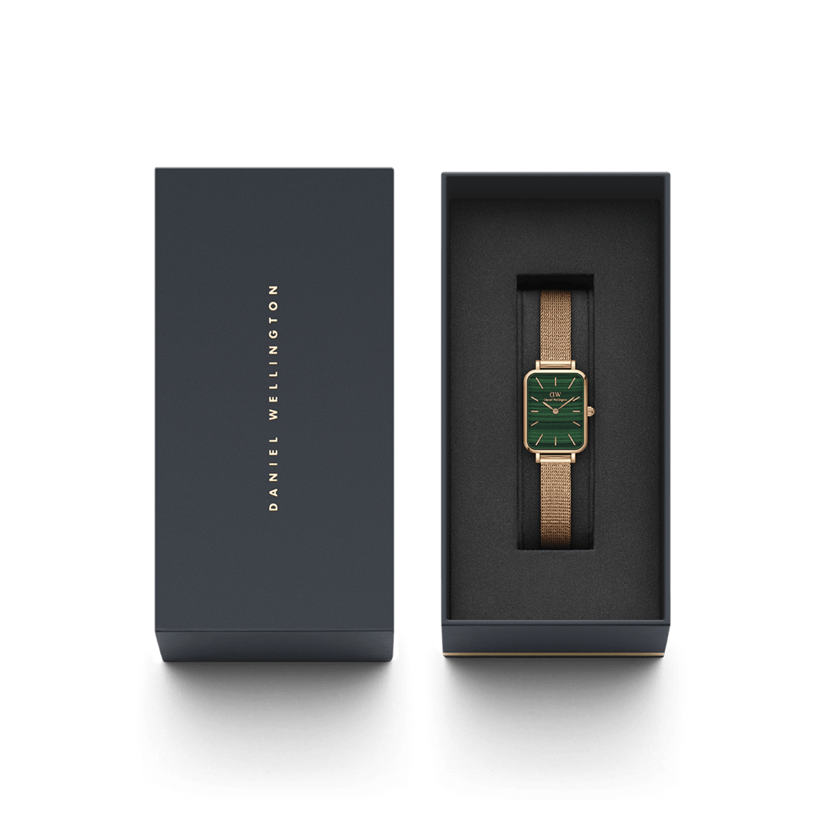 Quadro Pressed Melrose Green Rose Gold watch with a rectangular green dial and rose gold mesh bracelet, presented in a sleek Daniel Wellington gift box, ideal for gifting or special occasions.
